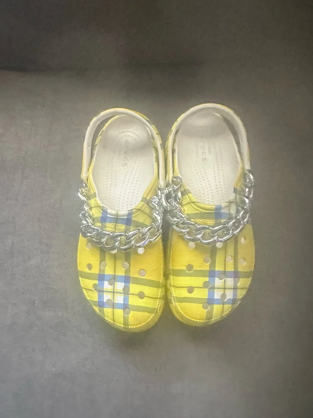 CROCS Yellow Plaid Clogs with Silver Chain Accent